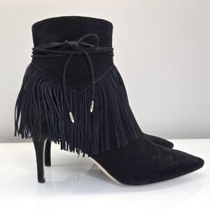 Sam Edelman Marion Stiletto Ankle Boots 10.5M Black Suede Fringe Boho Festival